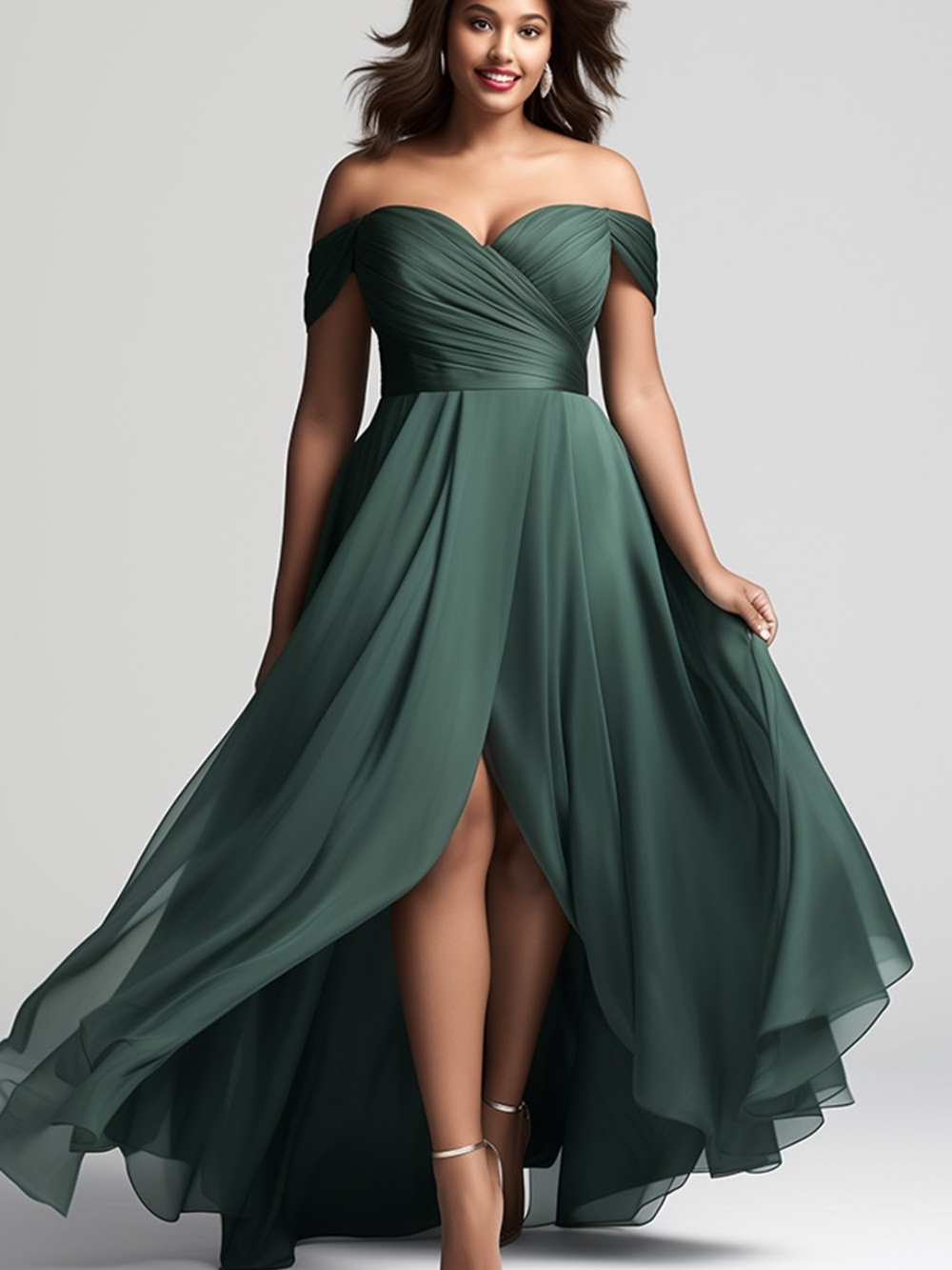New w/o tag.  Off-Shoulder High-Low Evening Dress in Forest Green